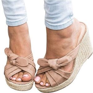 (60-4402) Fashare Womens Slip on Wedge Sandals Slides Bow Tie Sz 5
